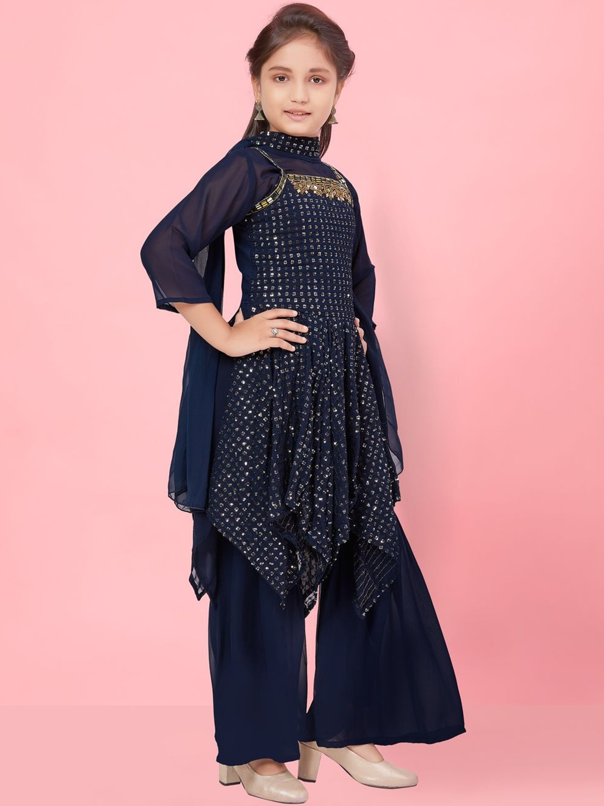Aromie girls floral party dress in navy with breathable fabric, perfect for festive occasions and comfortable wear