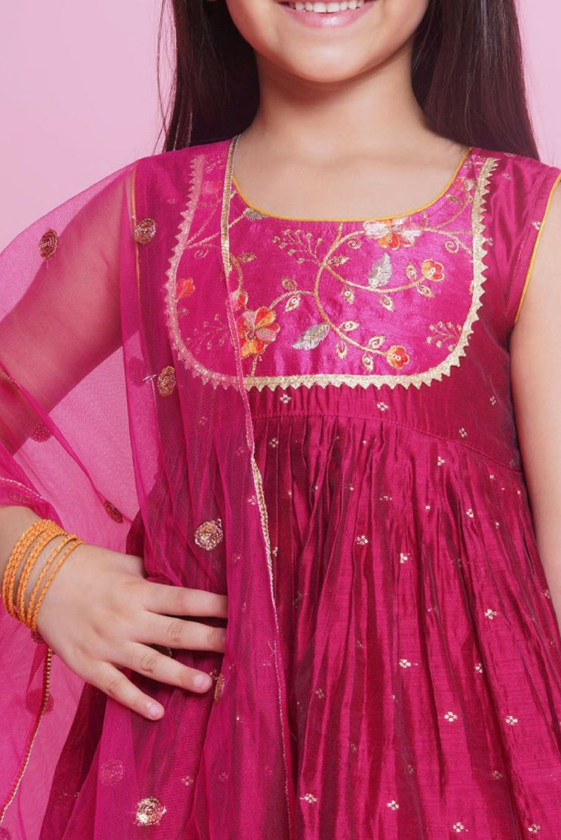 Aromie Girls Pink Silk Kurta Set for Festive Wear