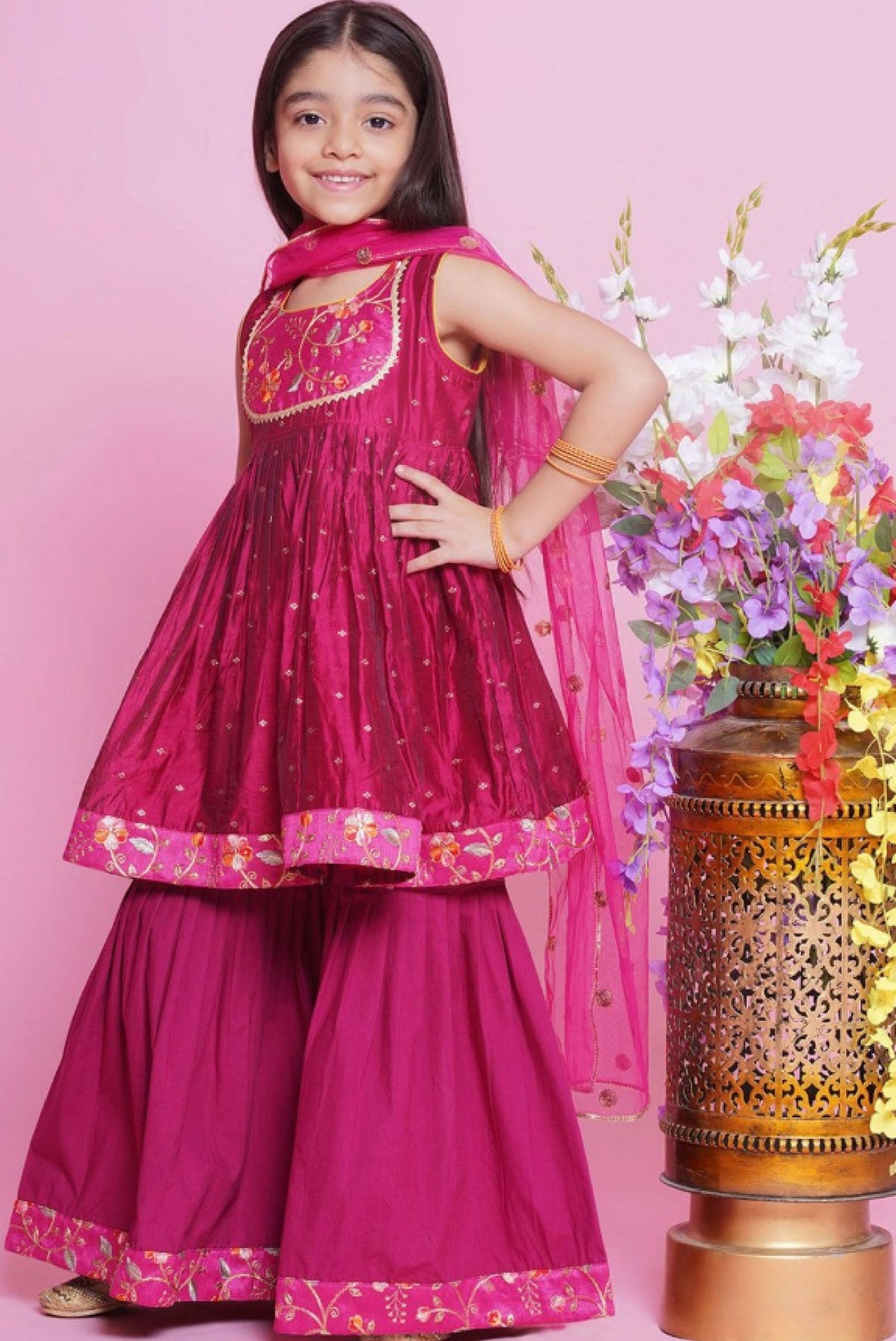 Aromie Girls Pink Silk Kurta Set for Festive Wear