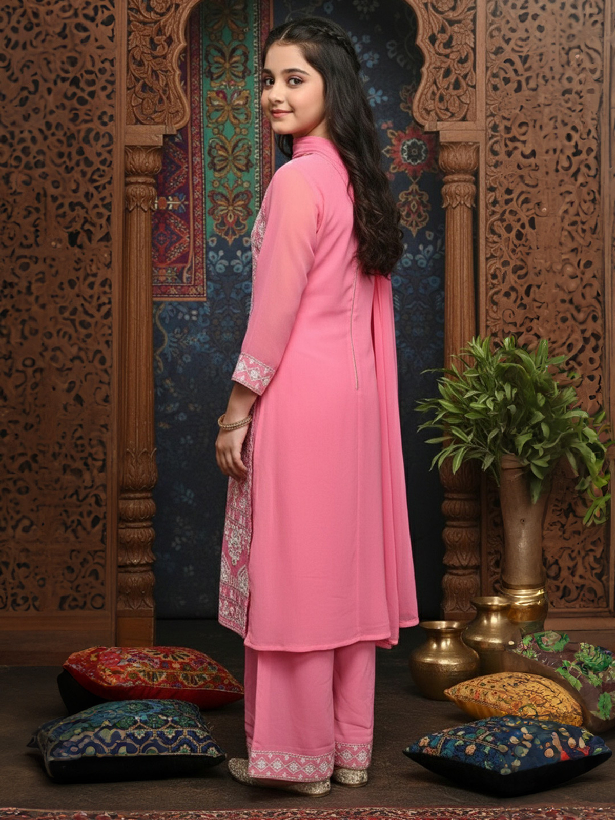 Girls Purple Floral Kurta Set USA Canada in lightweight fabric, showcasing a floral design from a side view, ideal for festive occasions.