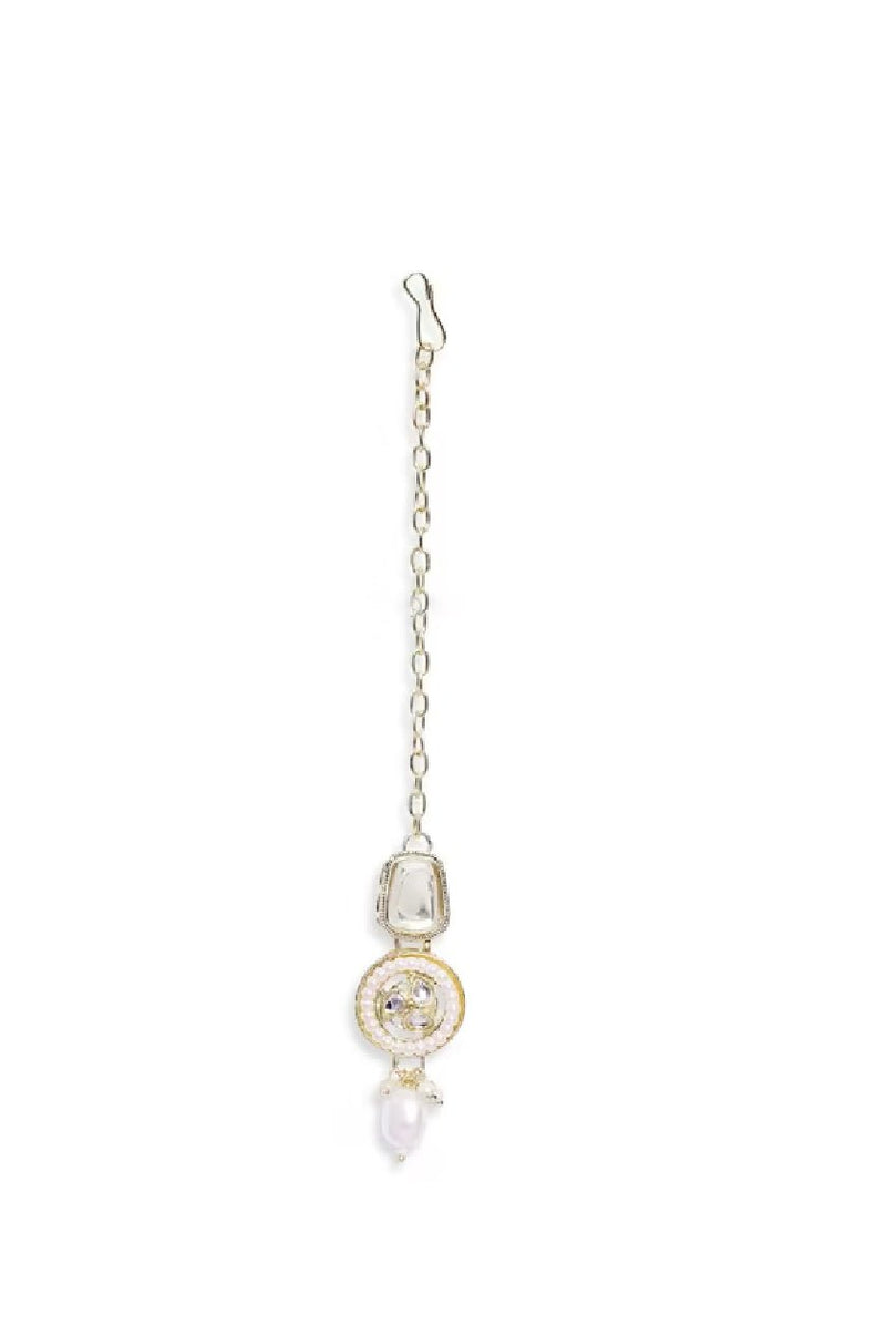 Gold Kundan Pearl Necklace Set with Earrings & Maangtikka – Traditional Indian Jewelry for Women - aromie
