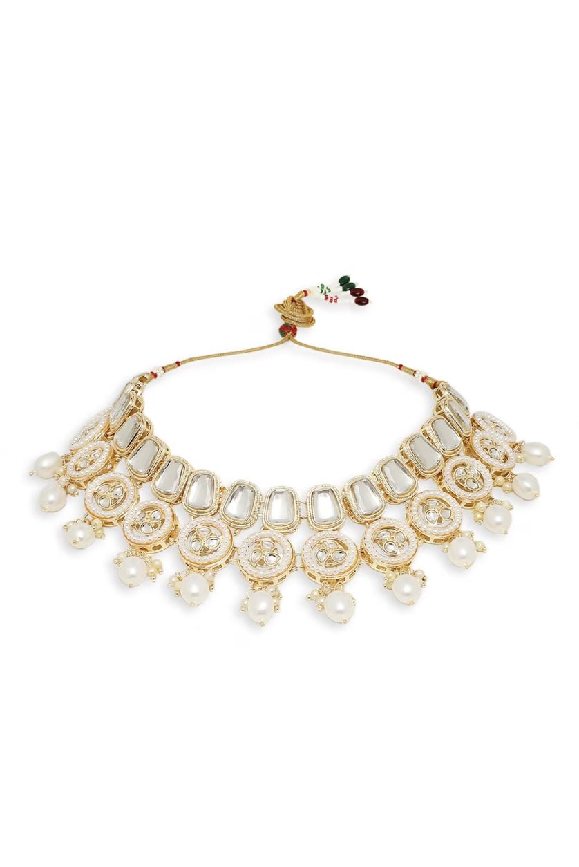 Gold Kundan Pearl Necklace Set with Earrings & Maangtikka – Traditional Indian Jewelry for Women - aromie