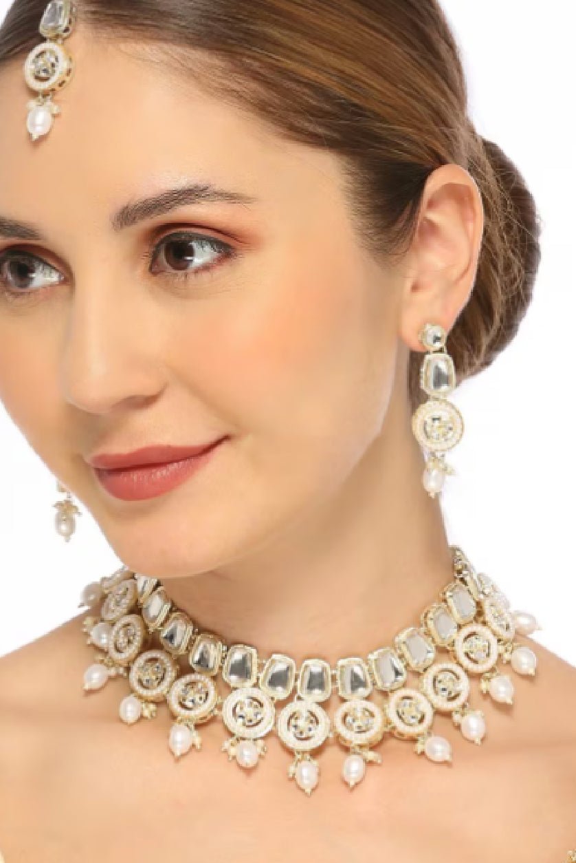 Gold Kundan Pearl Necklace Set with Earrings & Maangtikka – Traditional Indian Jewelry for Women - aromie