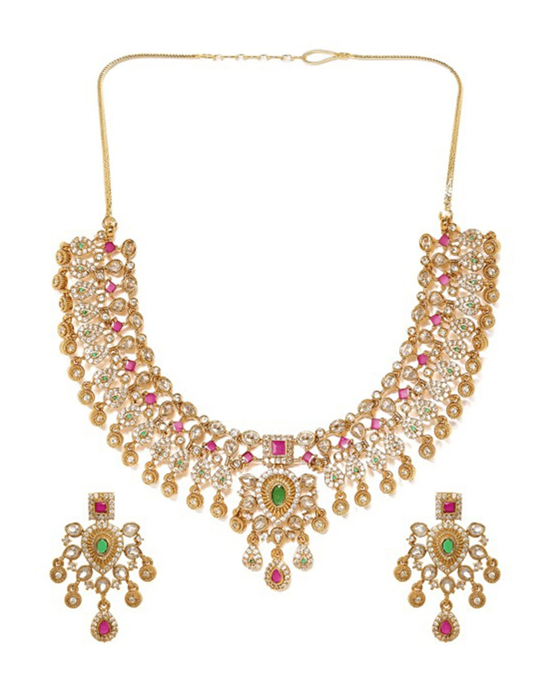 Gold - Plated Crystal & Pearl Necklace Set – Elegant Stone - Studded Jewelry for Women - aromie