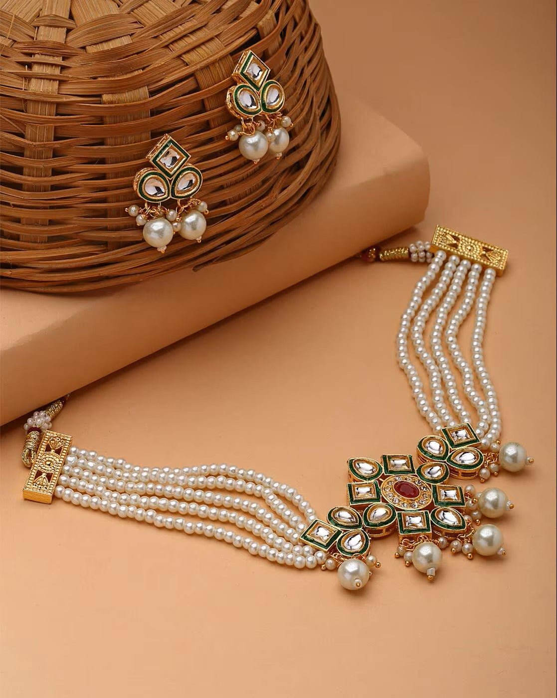 Gold - Plated Kundan Necklace Set – Traditional Brass Jewelry for Women with Earrings - aromie