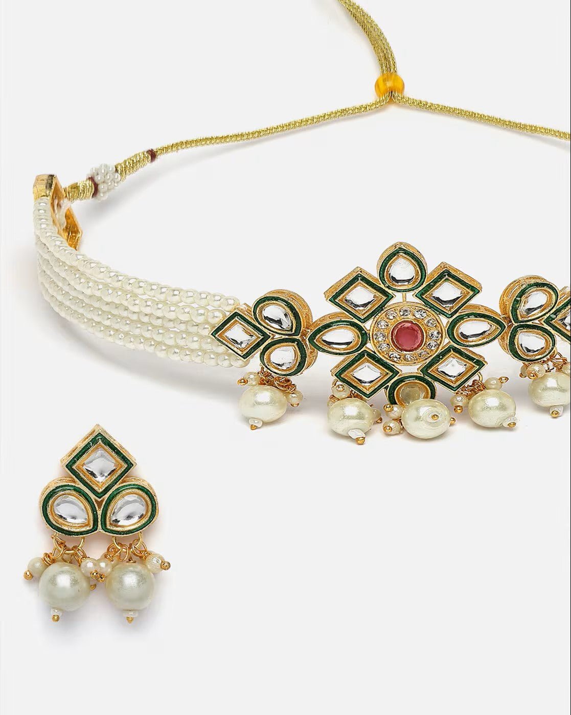 Gold - Plated Kundan Necklace Set – Traditional Brass Jewelry for Women with Earrings - aromie