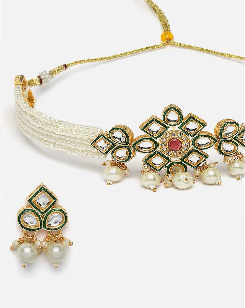 Gold - Plated Kundan Necklace Set – Traditional Brass Jewelry for Women with Earrings - aromie
