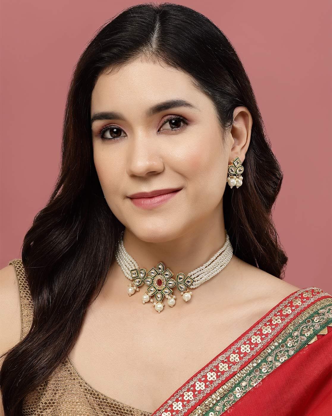 Gold - Plated Kundan Necklace Set – Traditional Brass Jewelry for Women with Earrings - aromie