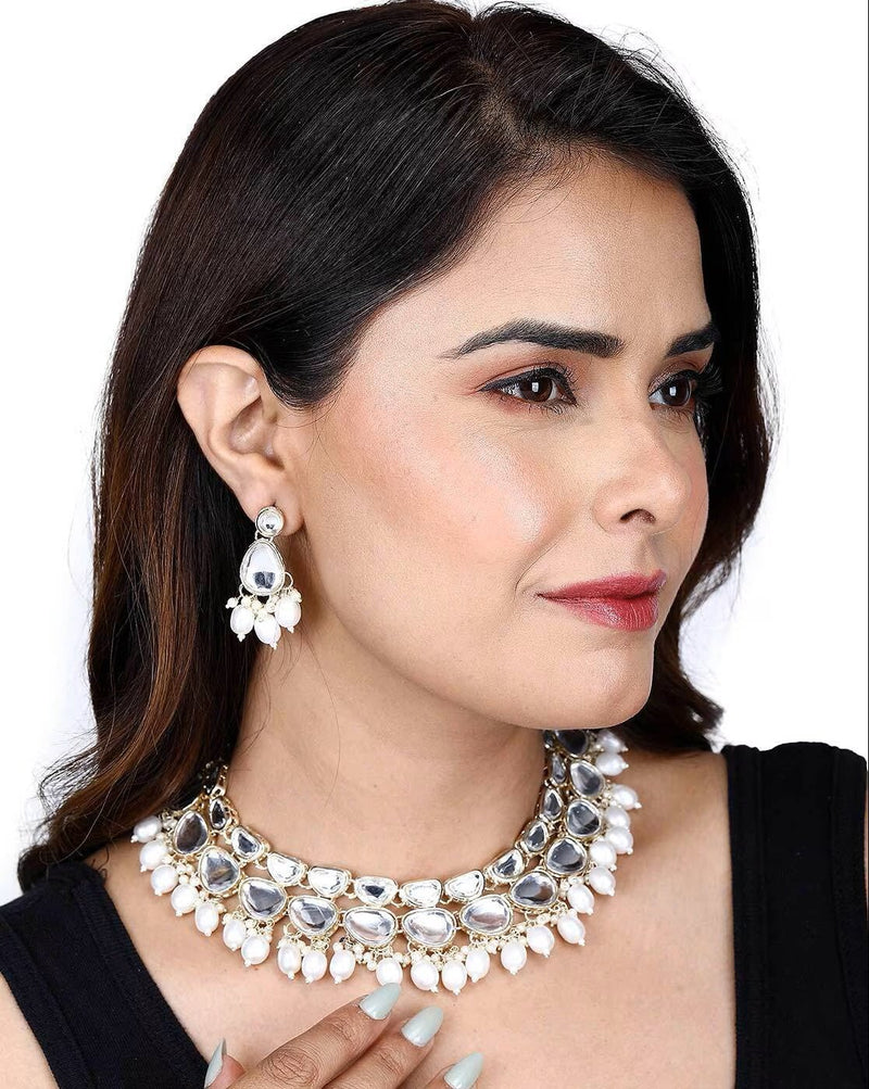 Gold - Plated Kundan Necklace Set with Earrings – Traditional Indian Jewelry for Women - aromie
