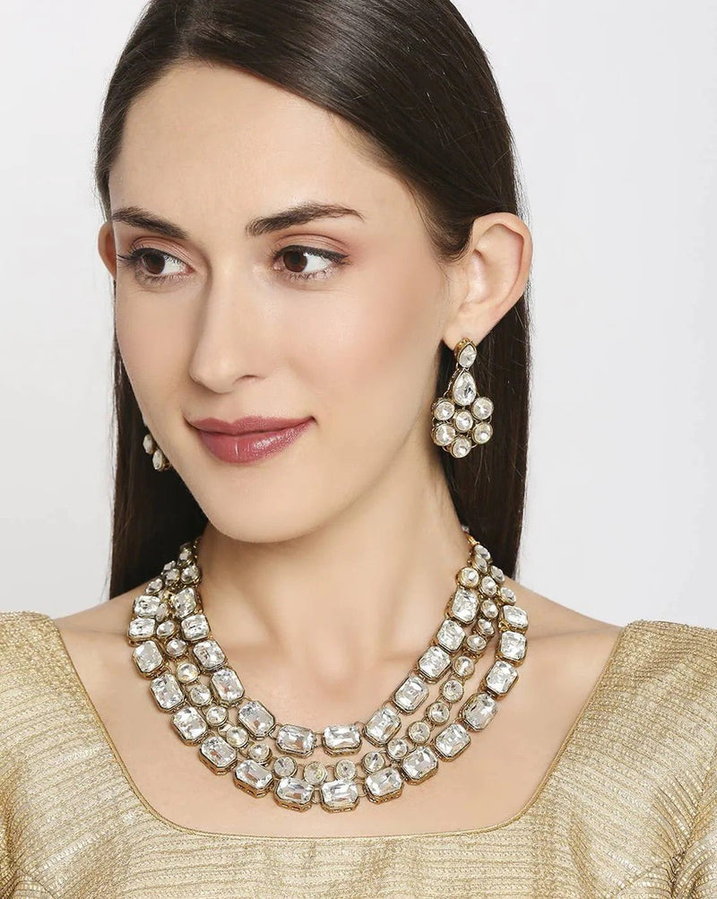 Gold - Plated Kundan - Studded Necklace and Earrings Set for Women – Classic Traditional Jewelry - aromie