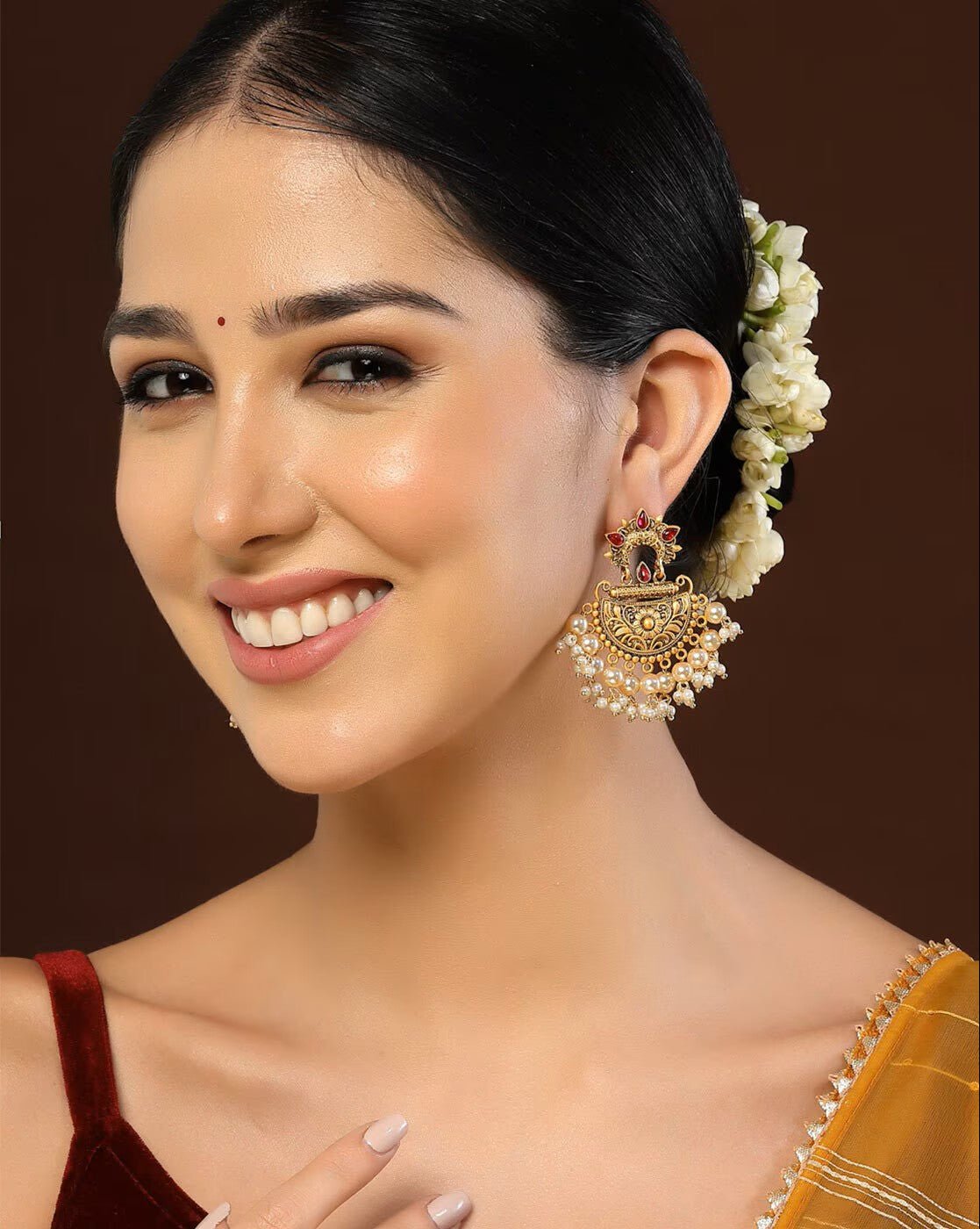 Gold - Plated Pearl Chandbali Earrings – Brass Party Earrings for Women - aromie