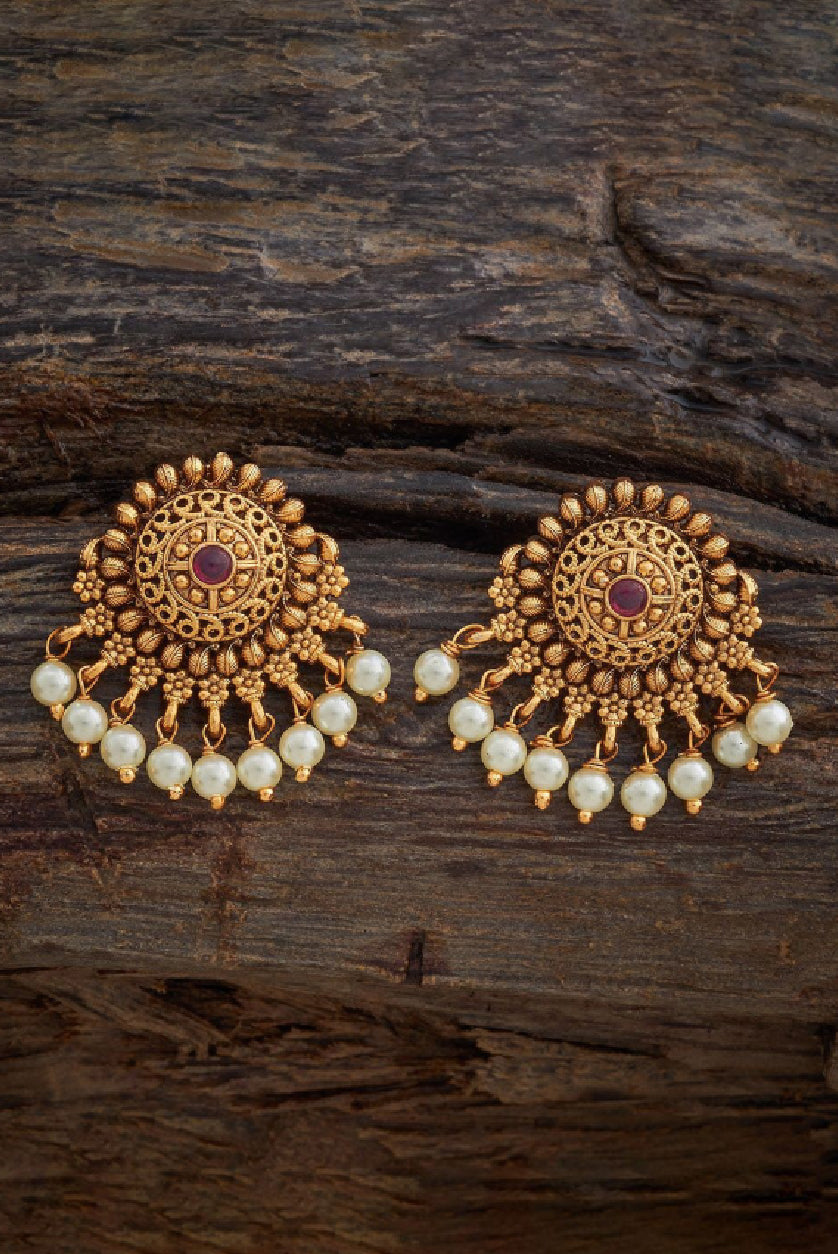 Gold-plated studs for women featuring intricate design and dangling pearl accents