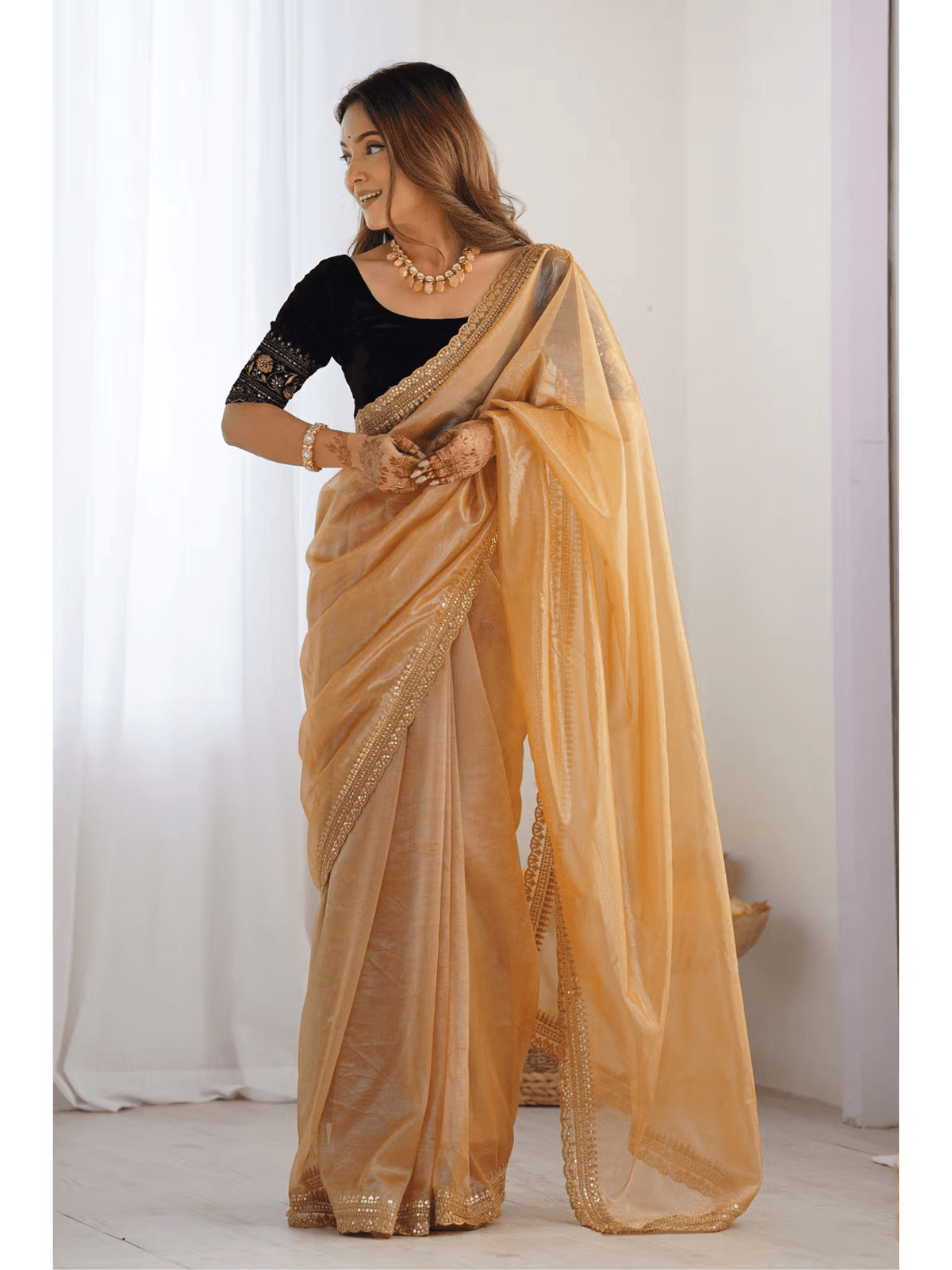 Gold Silk Party Wear Saree for Women | Embroidered Saree with Unstitched Blouse Canada - aromie