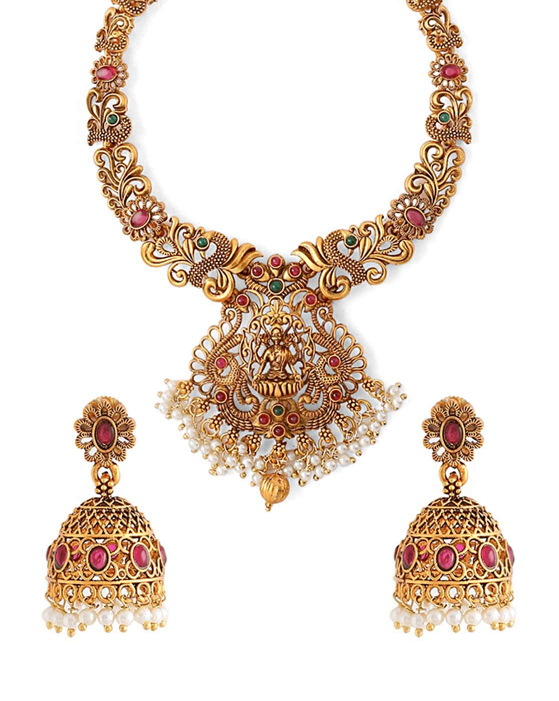 Gold - Toned Stone - Studded Brass Necklace Set – Ethnic Jewelry Combo for Women - aromie