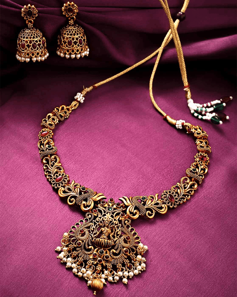 Gold - Toned Stone - Studded Brass Necklace Set – Ethnic Jewelry Combo for Women - aromie