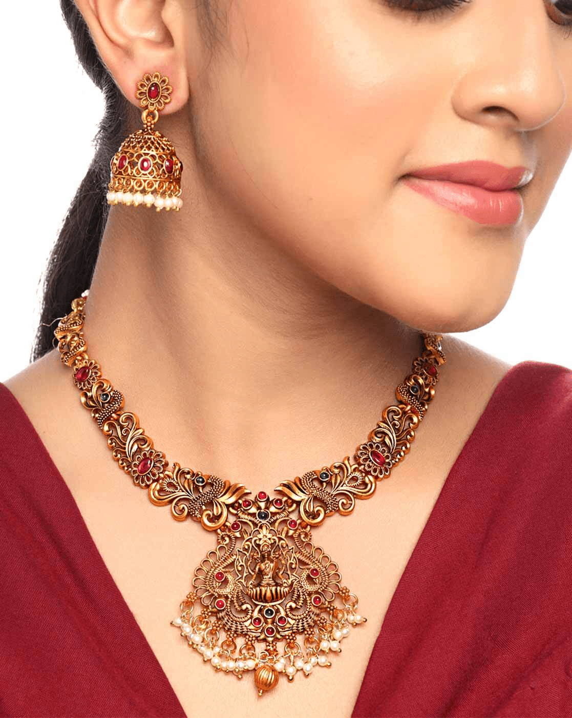 Gold - Toned Stone - Studded Brass Necklace Set – Ethnic Jewelry Combo for Women - aromie