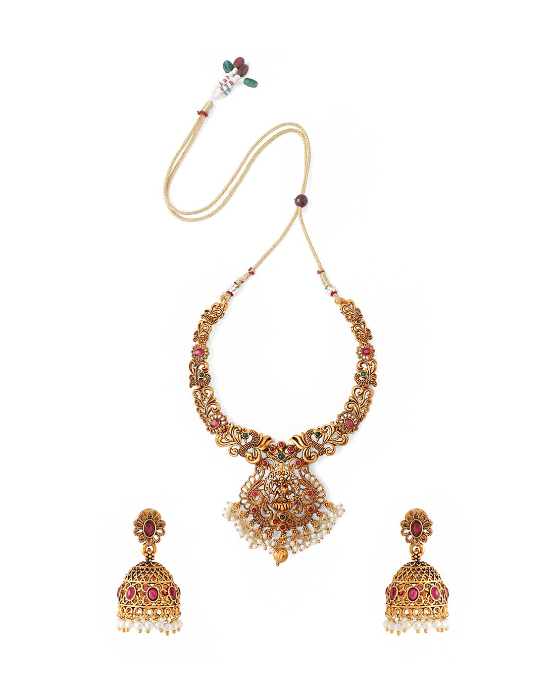 Gold - Toned Stone - Studded Brass Necklace Set – Ethnic Jewelry Combo for Women - aromie