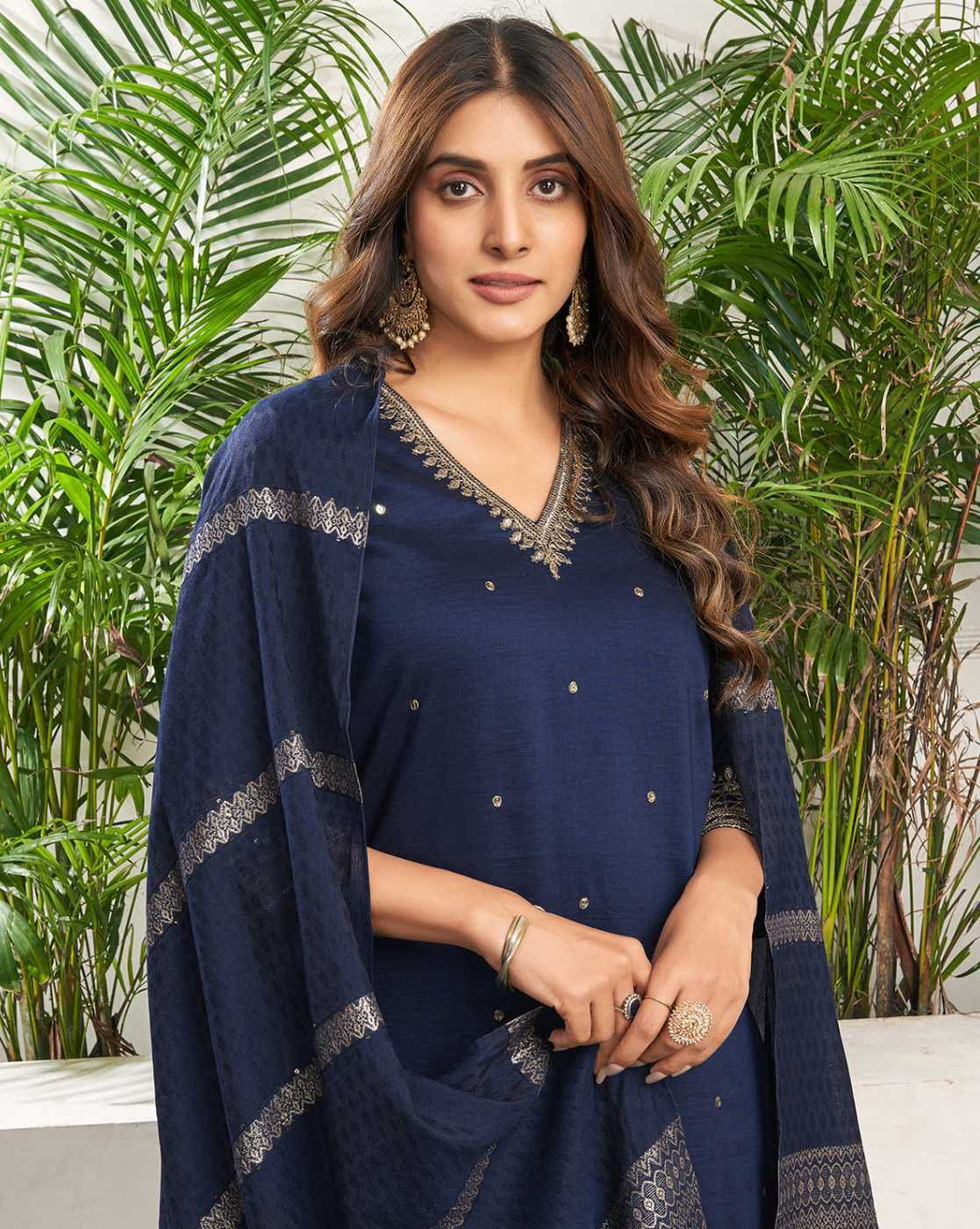 Aromie sequined embroidered kurta suit set in navy blue with elegant neckline and matching dupatta