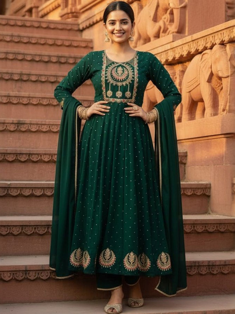 Front view of a green embroidered Anarkali suit Canada, featuring intricate designs, perfect for festive occasions.