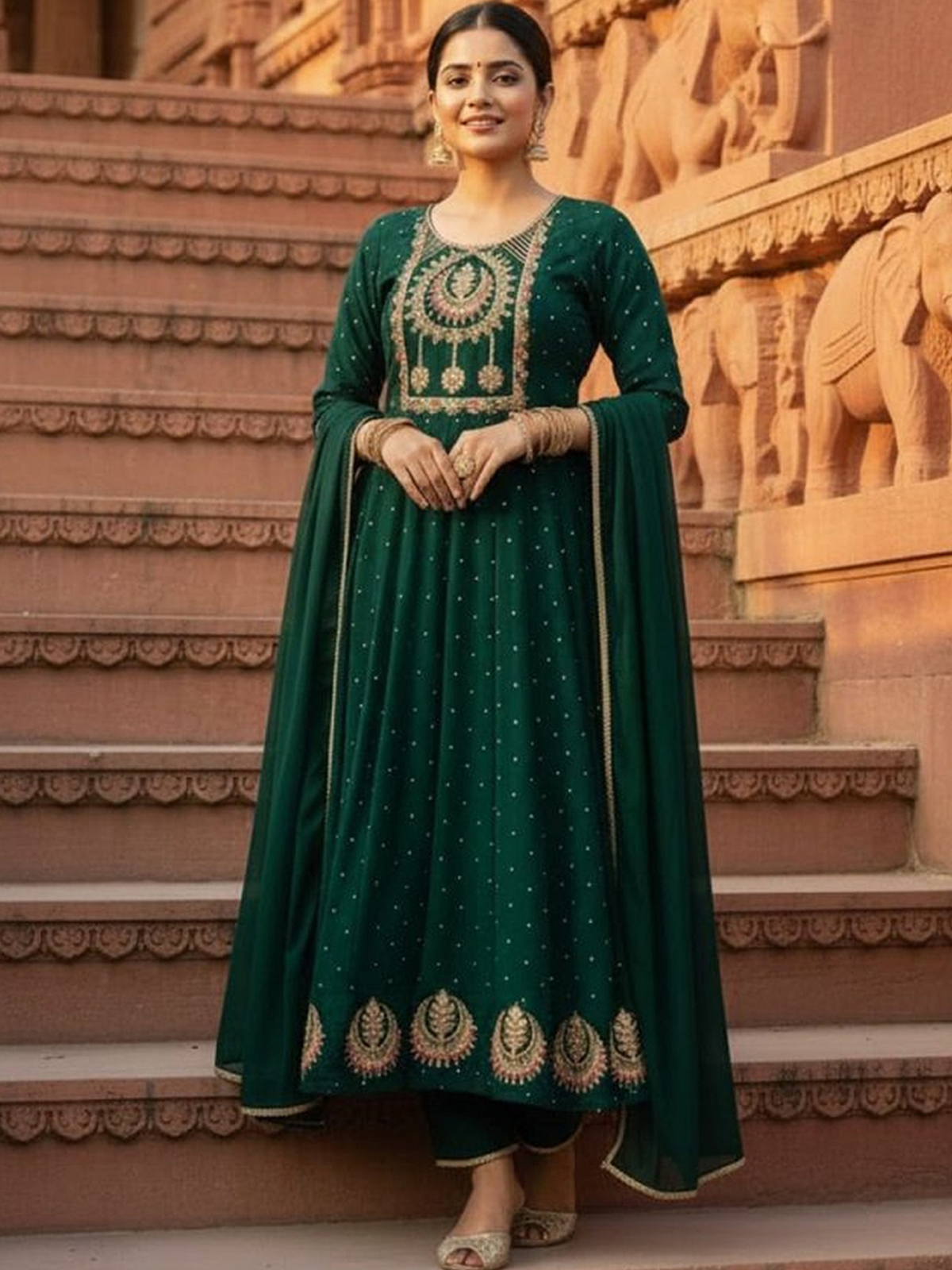 Green embroidered Anarkali suit Canada with intricate detailing, perfect for weddings or special occasions