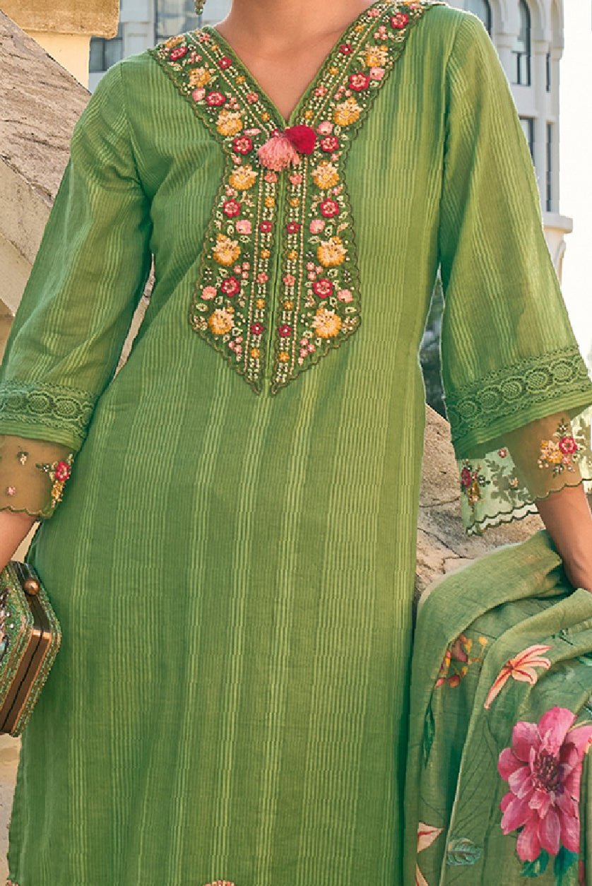 Aromie green embroidered kurta set with intricate floral detailing and elegant design