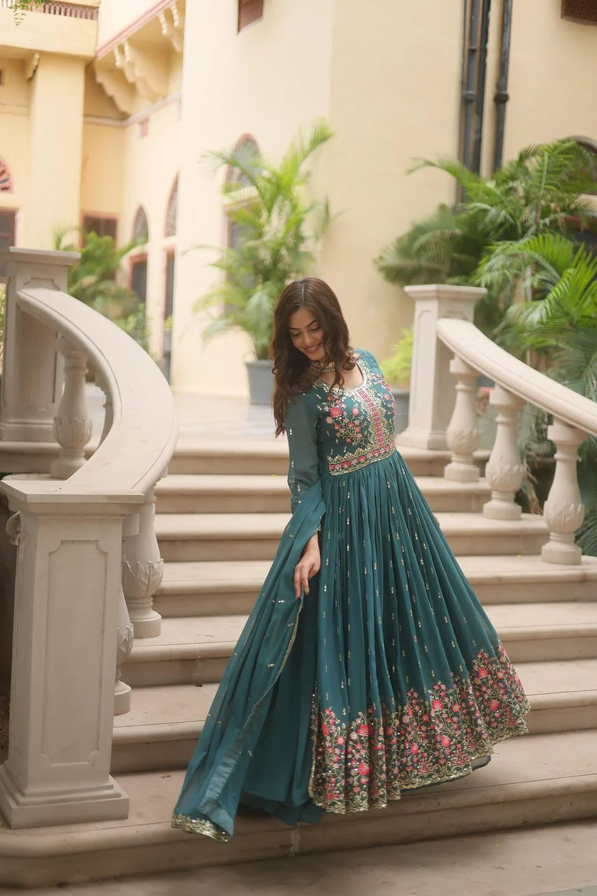 Front view of a green sharara suit set Canada by aromie, featuring floral embroidery, perfect for weddings or festive occasions.