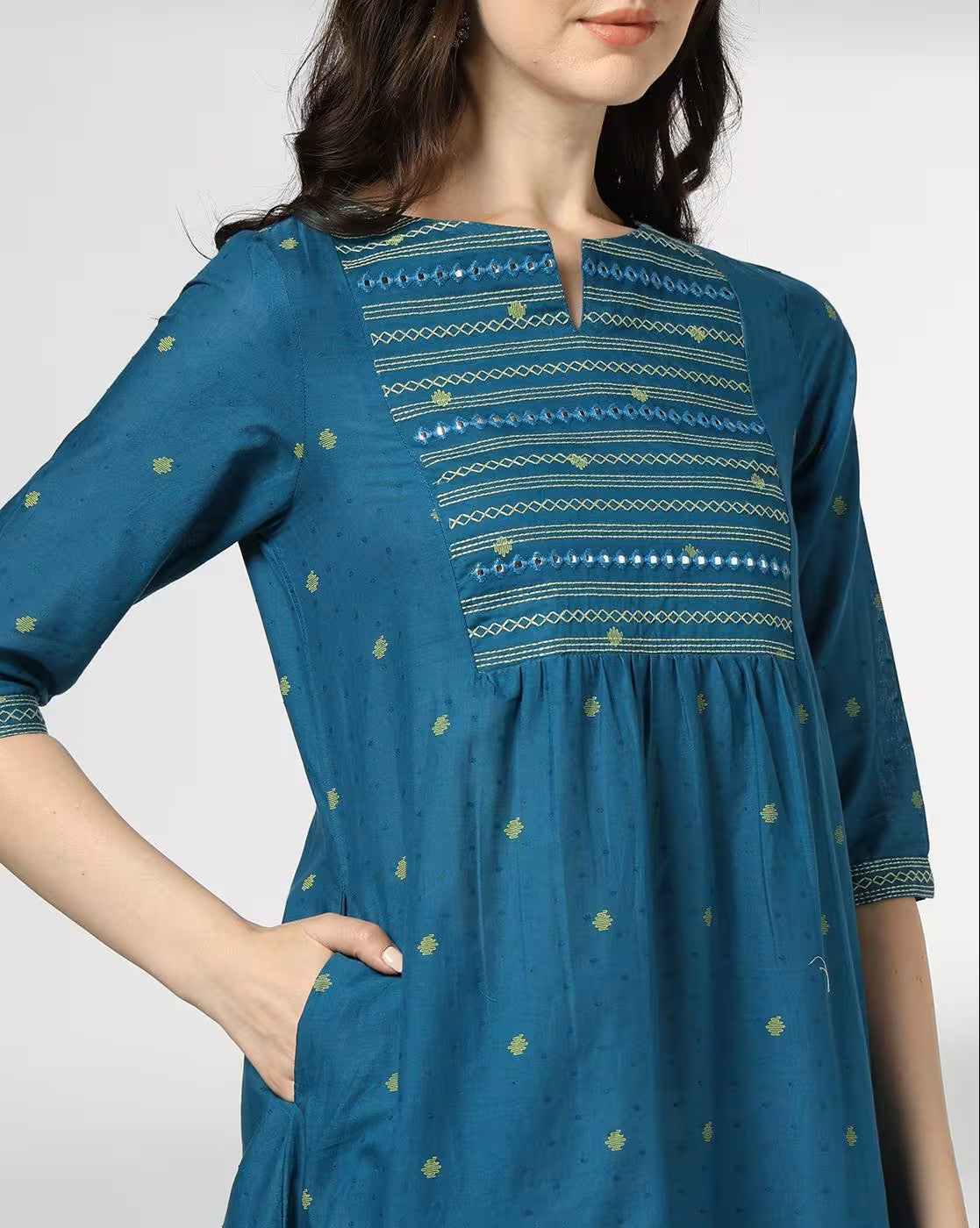Aromie single piece kurta in blue with intricate hand block printed jumpsuit design and three quarter sleeves