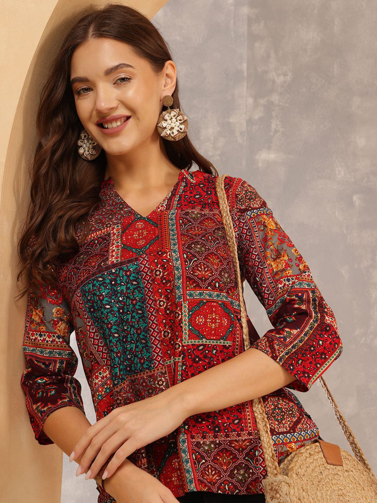 Aromie single piece kurta in red with intricate patterns inspired by hand block printed jumpsuit design