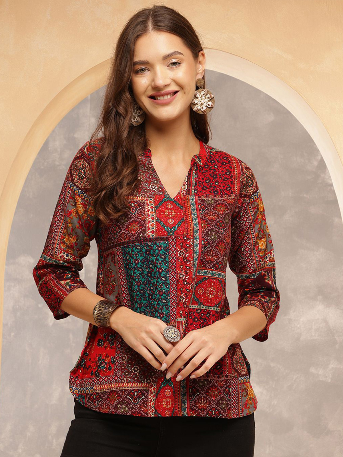 Aromie single piece kurta with colorful traditional patterns, styled as hand block printed jumpsuit