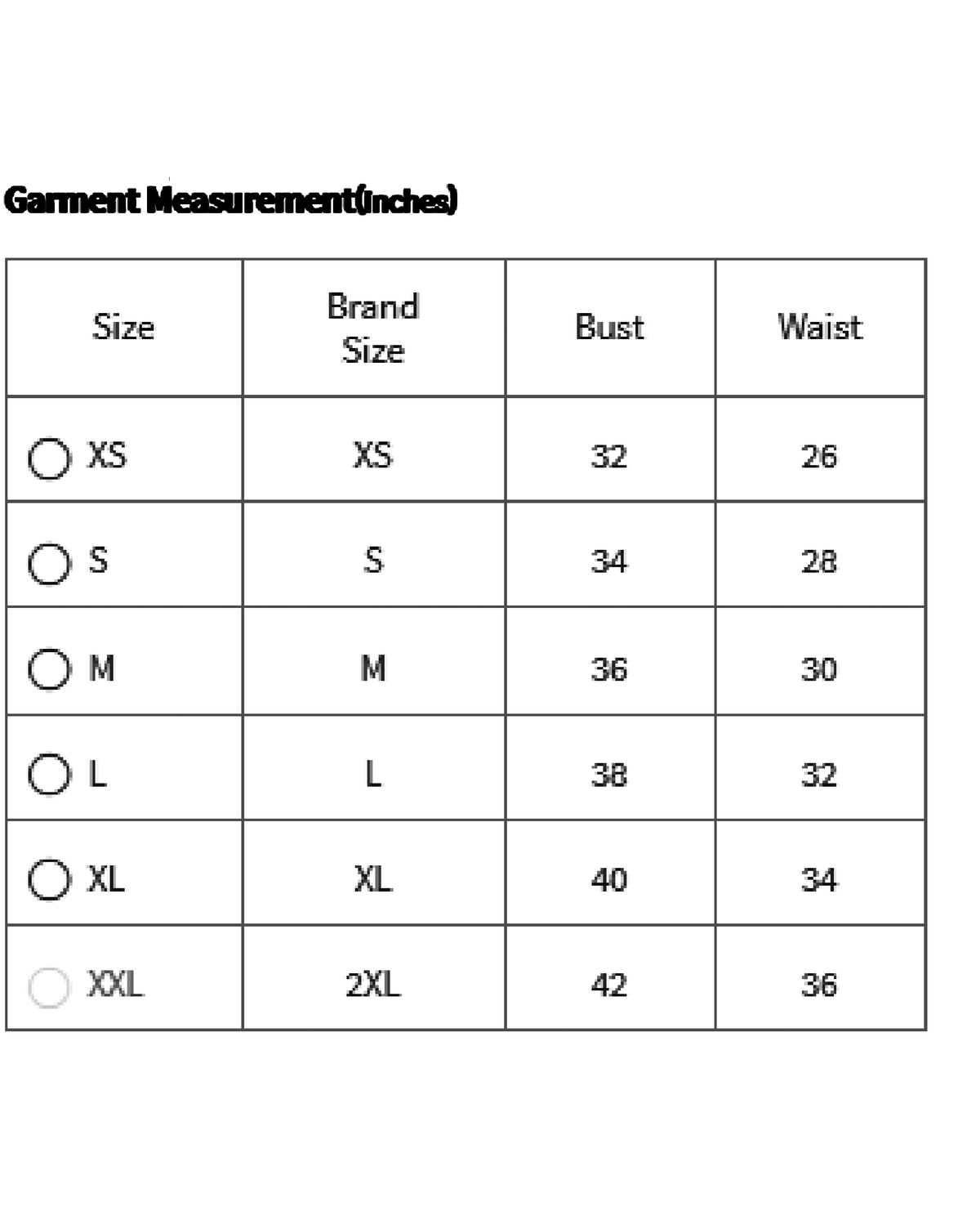 Size chart for aromie single piece kurta showing bust and waist measurements in inches