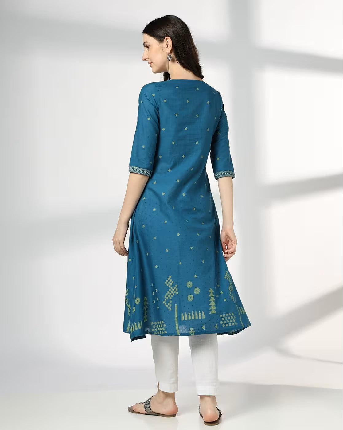 Aromie blue single piece kurta featuring hand block printed jumpsuit design with three-quarter sleeves