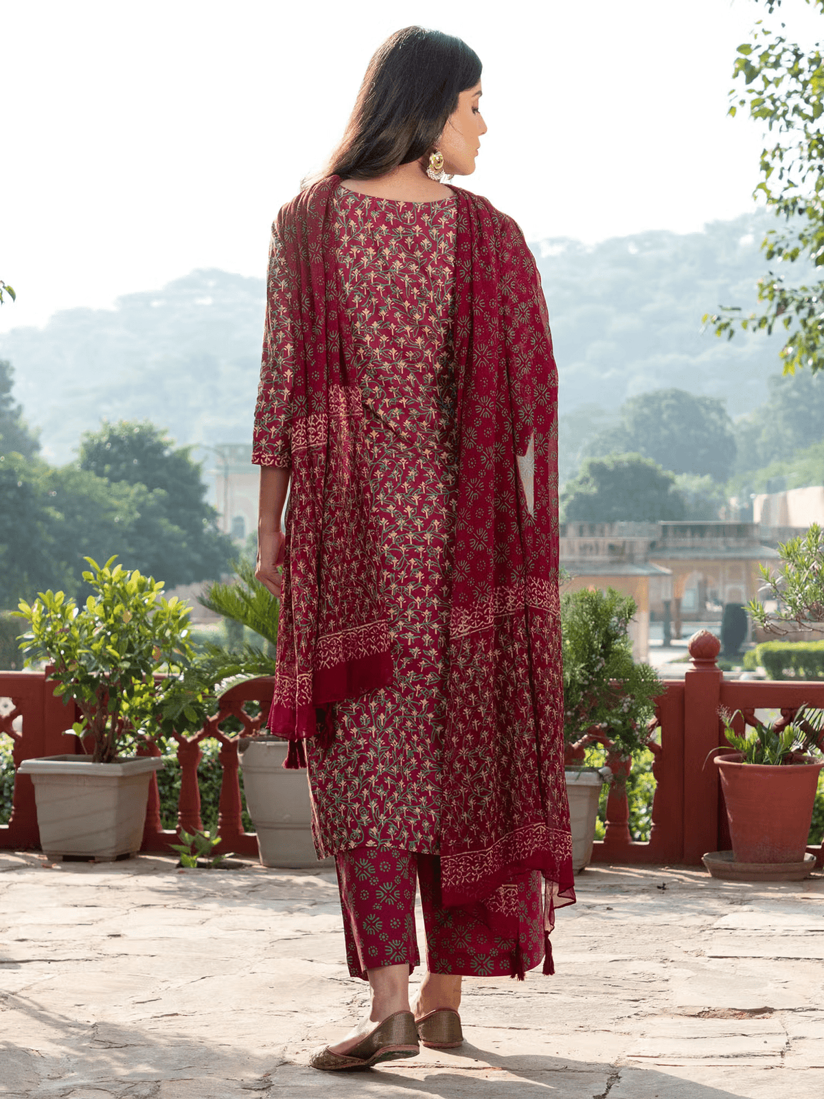 Elegant three piece hand block printed kurta set in deep red, perfect for festive occasions