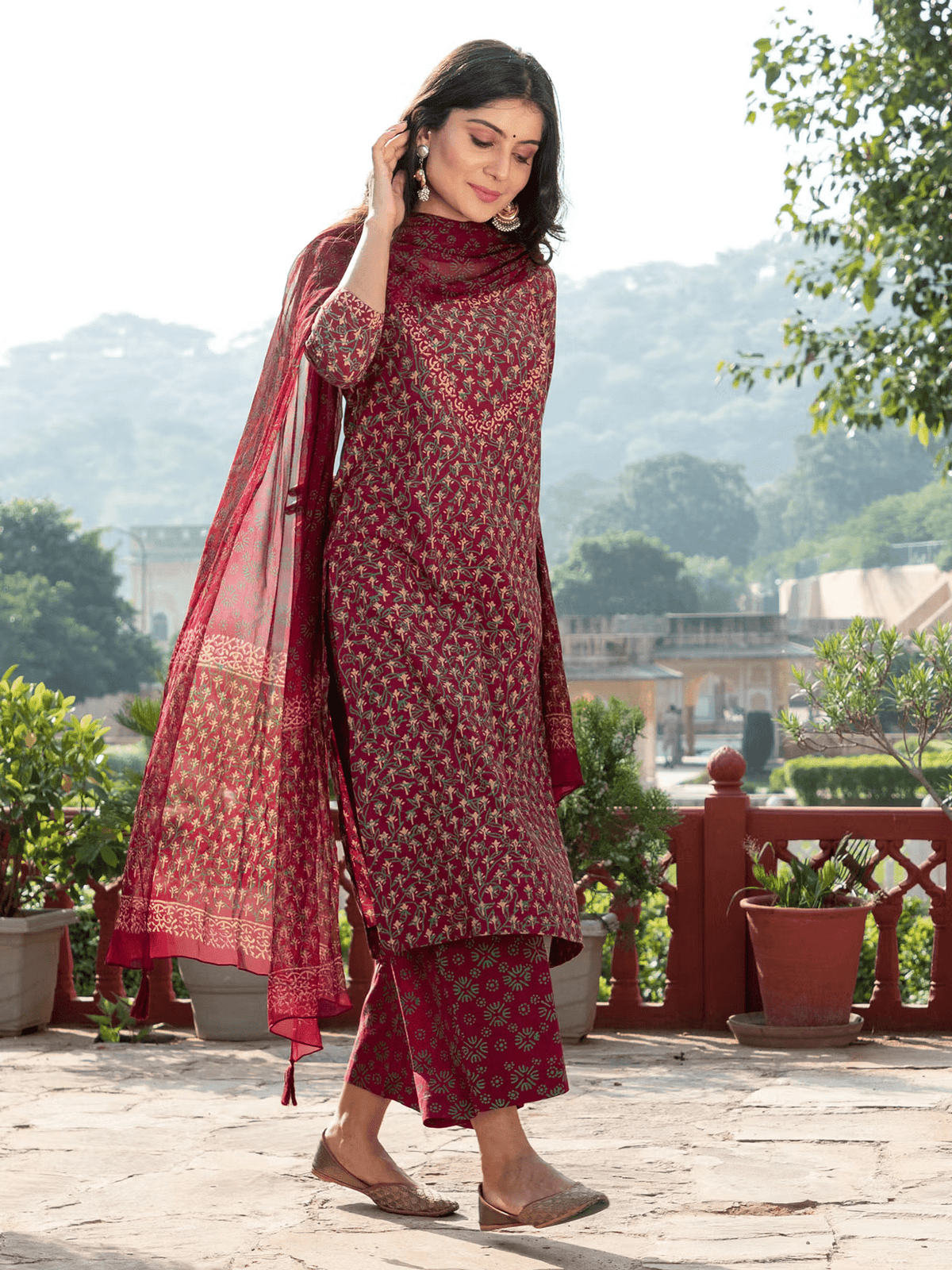 Aromie hand block printed kurta set in rich maroon with intricate patterns and matching dupatta