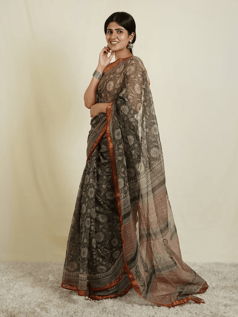 Hand - Dyed Cotton Printed Saree with Blouse | Lightweight Indian Saree Online Canada - aromie
