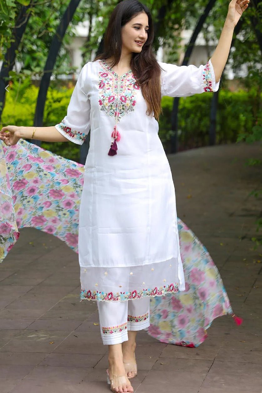Elegant three piece hand-embroidered Chanderi kurta set with floral design and matching dupatta