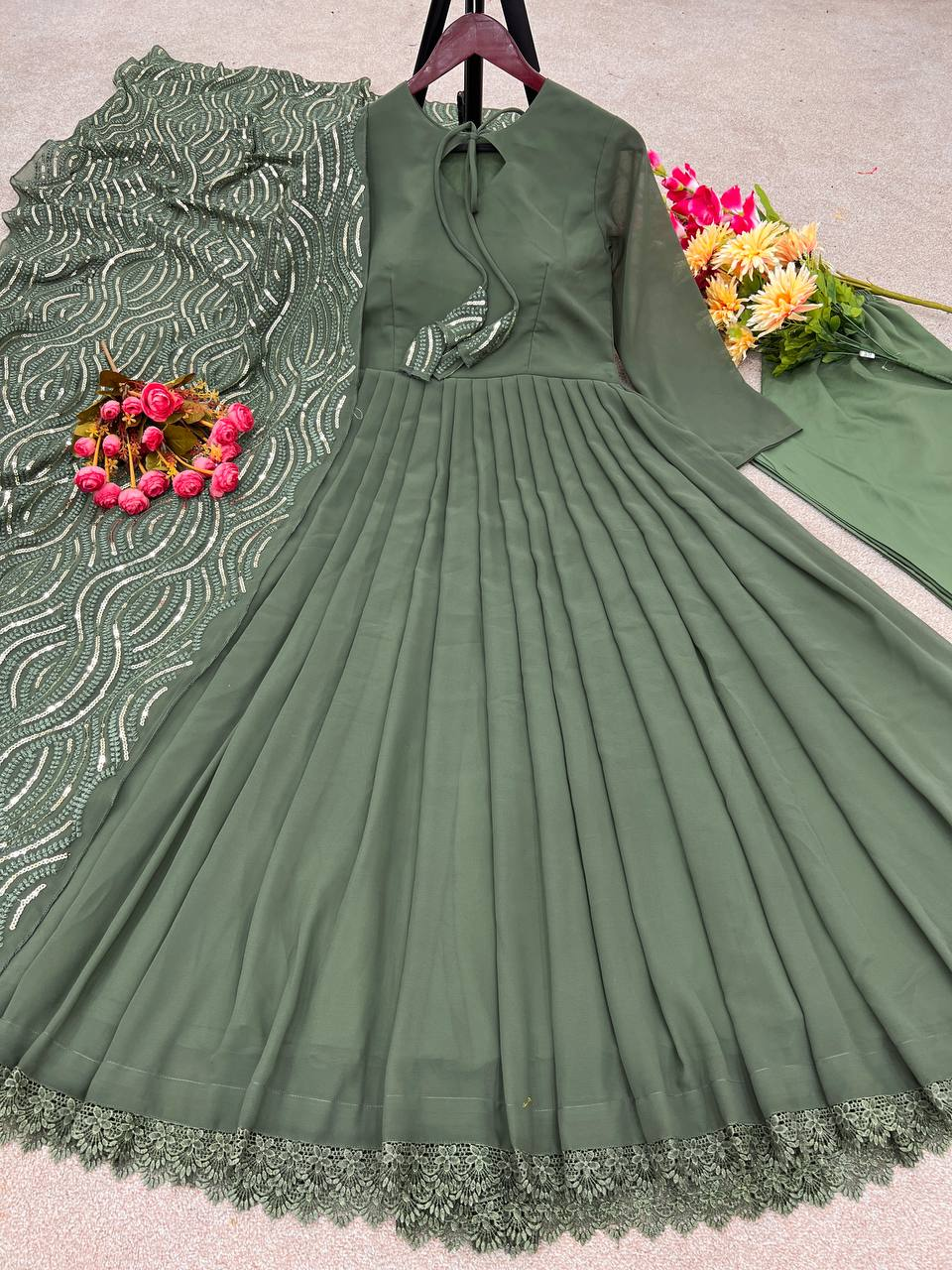 Three piece Kurtha set in olive green heavy faux georgette gown set, perfect for festive occasions