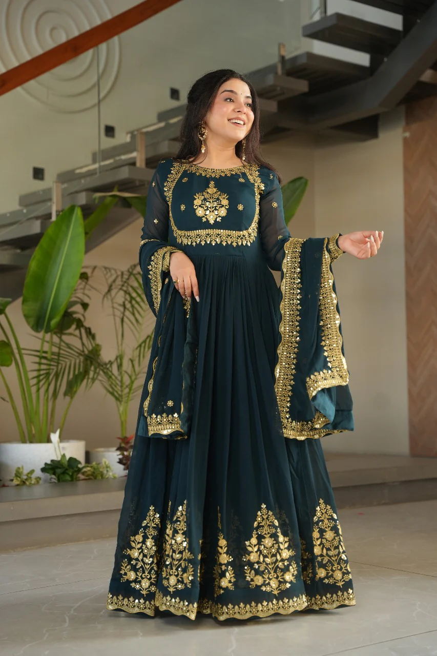 Front view of a heavy wine faux georgette gown with dupatta, perfect for weddings, featuring intricate gold embroidery.