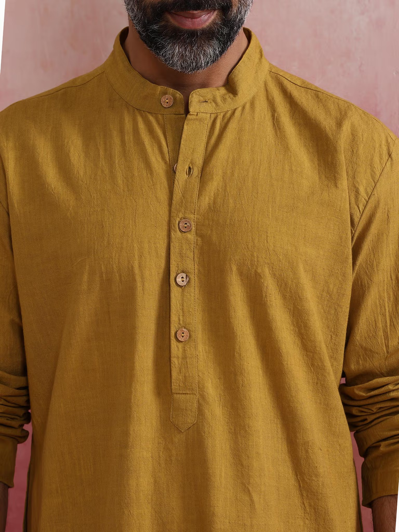 AROMIE men's mustard kurta Canada with mandarin collar wooden buttons and linen texture
