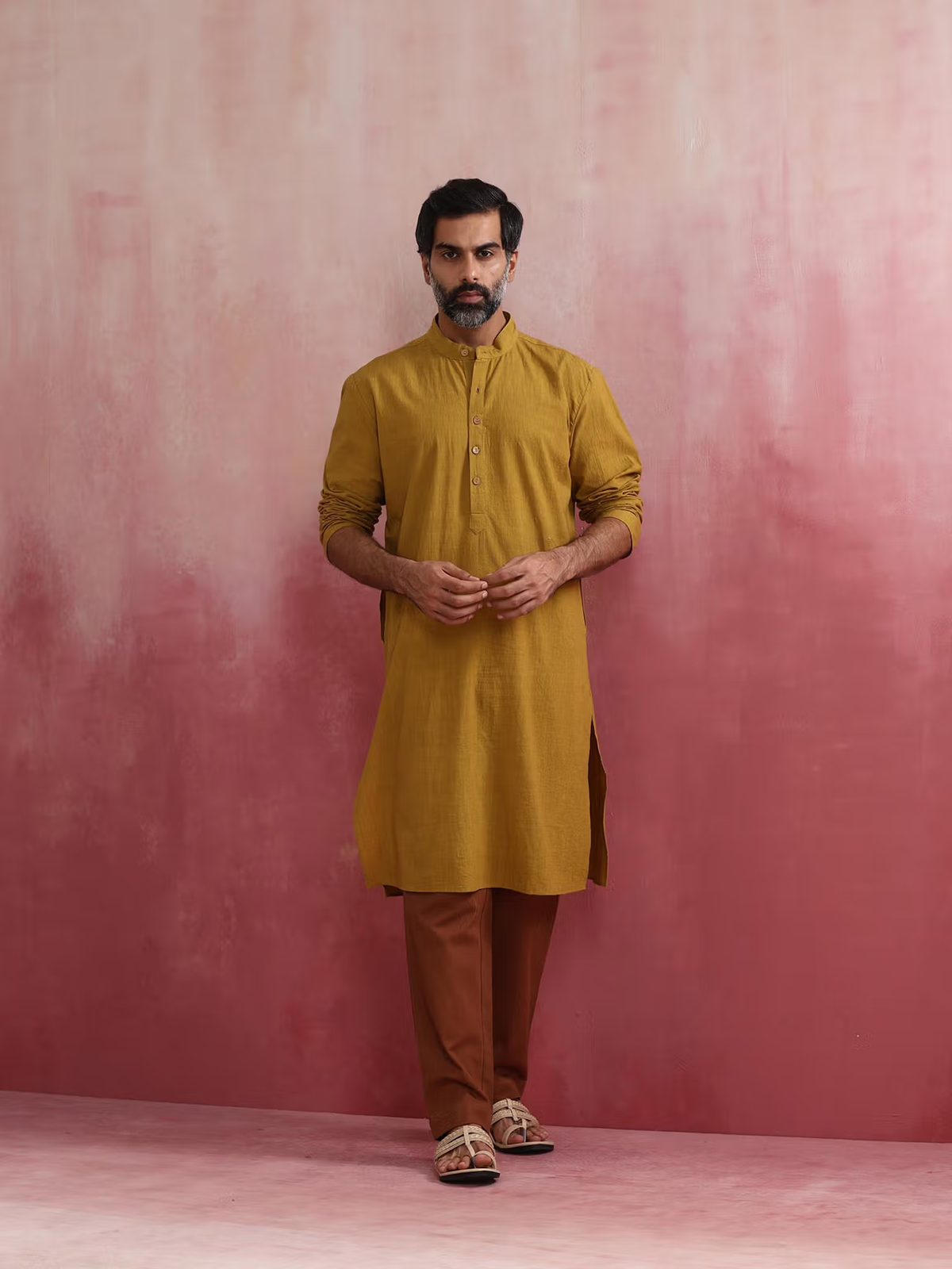 AROMIE men's mustard kurta Canada slim fit cotton kurta with side slits worn with brown pants