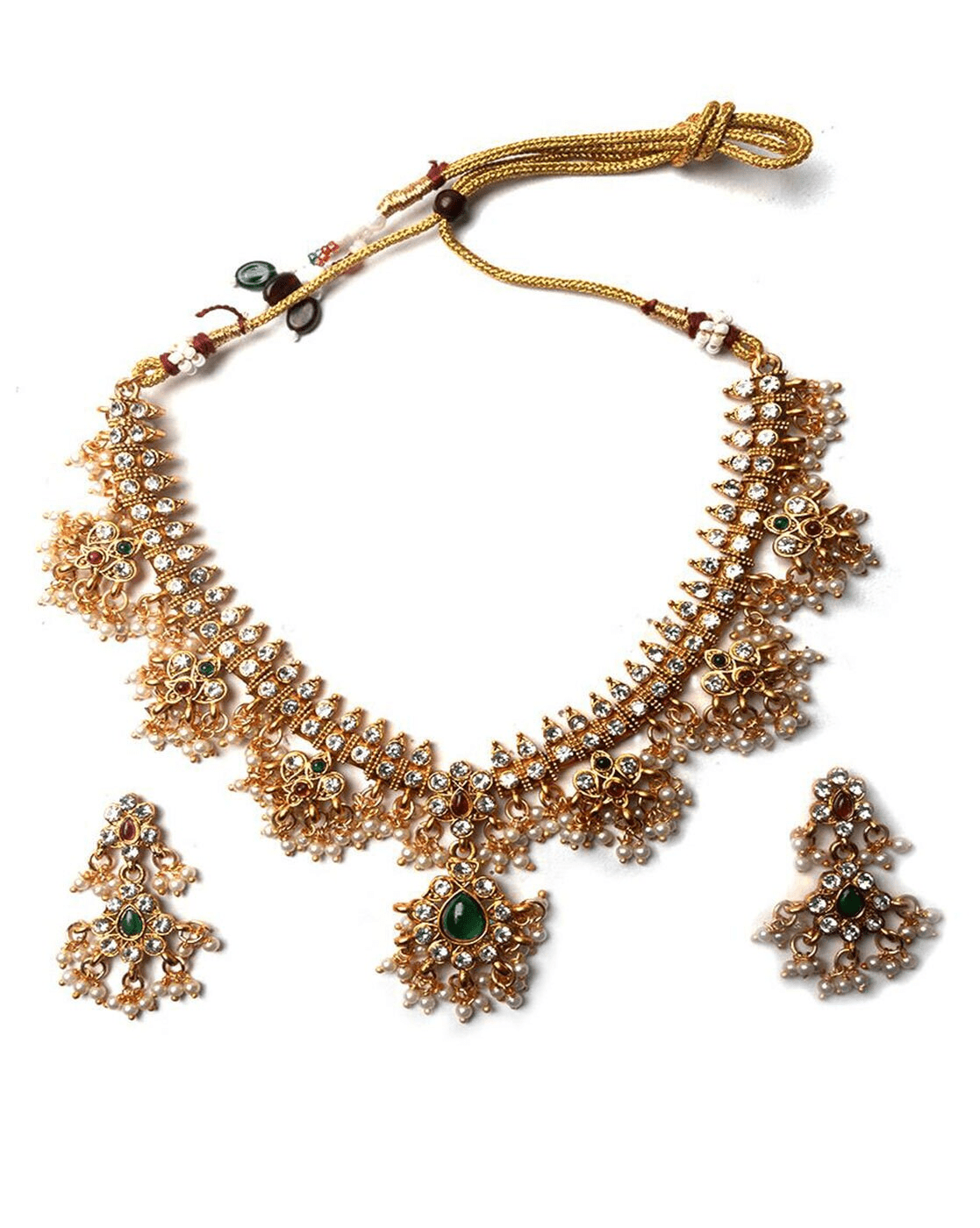 Aromie vintage gold-plated necklace set with intricate floral motifs green stones pearl drops and matching earrings for weddings