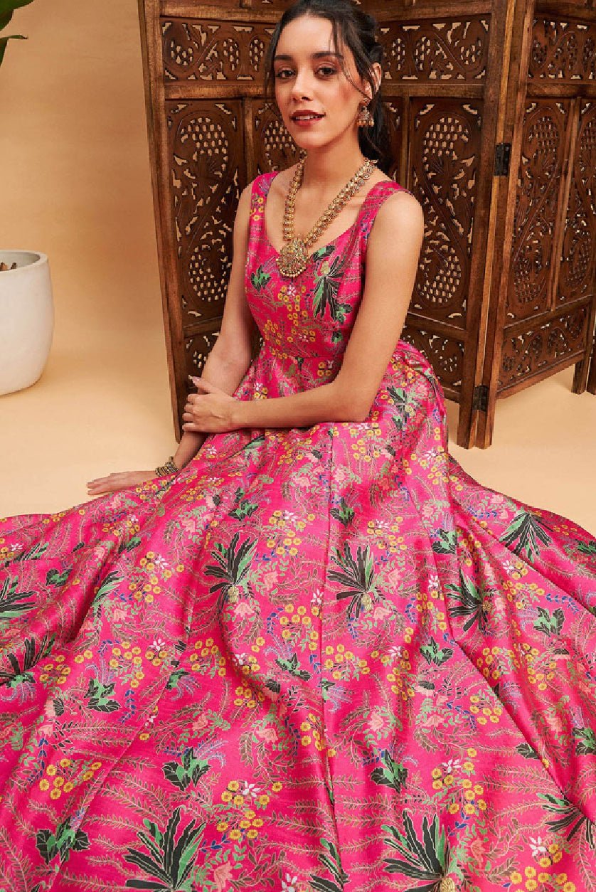 Vibrant three piece Kurtha in pink floral design, perfect as an Indian Anarkali dress Canada