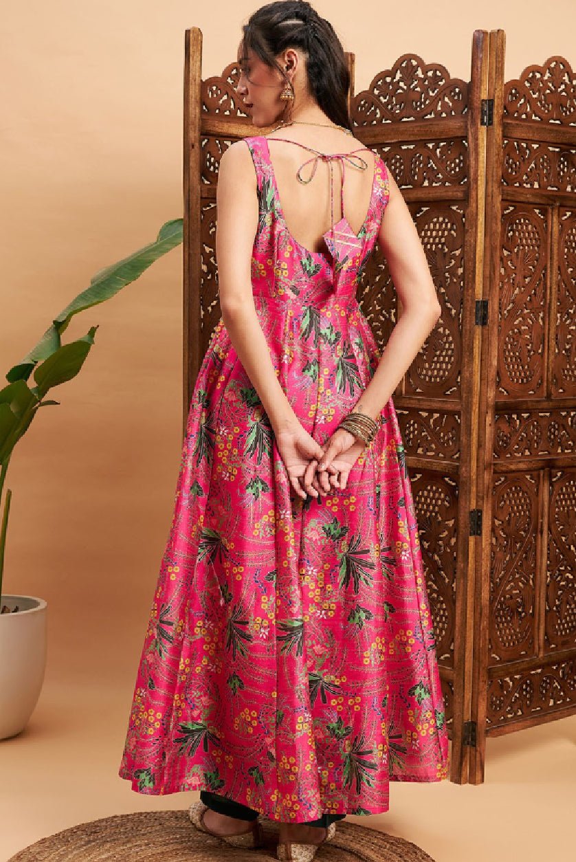 Aromie Three Piece Indian Anarkali Dress Canada in vibrant pink floral design with tie-back detail