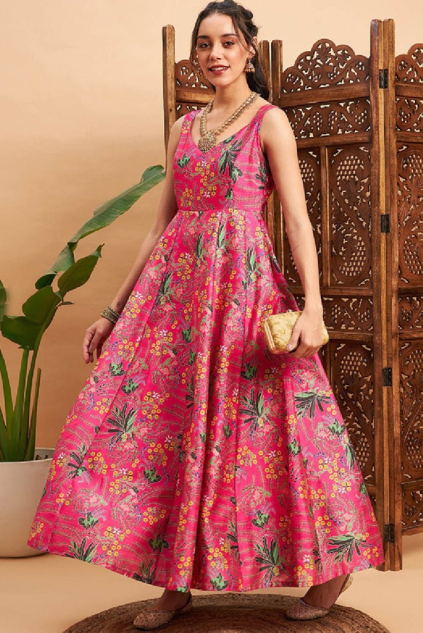 Aromie three piece Kurtha in pink floral print, perfect for evening events, Indian Anarkali dress Canada