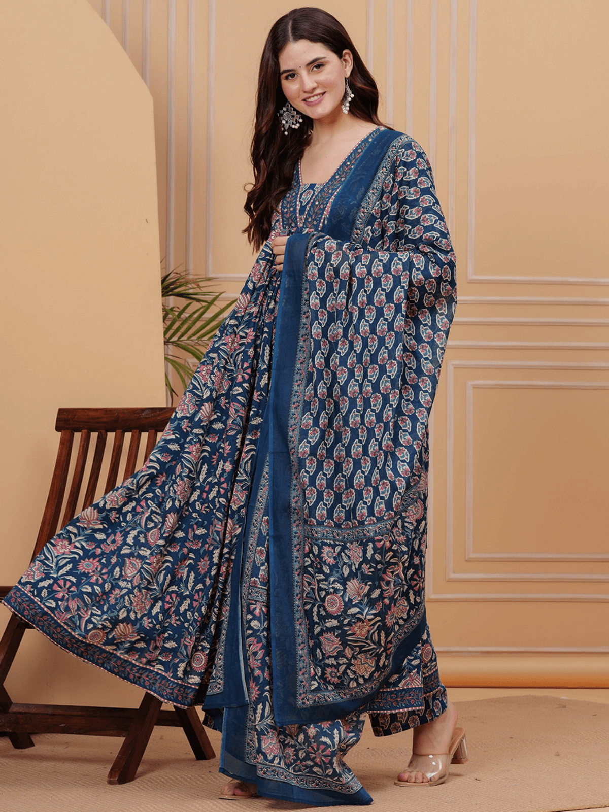 Three piece Indian Anarkali Kurta Set USA in navy blue with floral prints, perfect for festive occasions