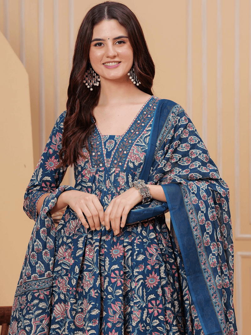 Front view of a blue floral Indian Anarkali Kurta Set USA with intricate print, ideal for festive occasions.