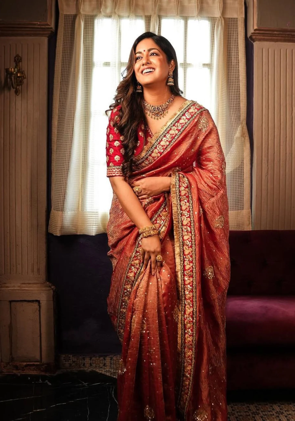 Elegant rust Indian chiffon saree Canada with intricate embroidery, perfect for festive occasions and weddings.