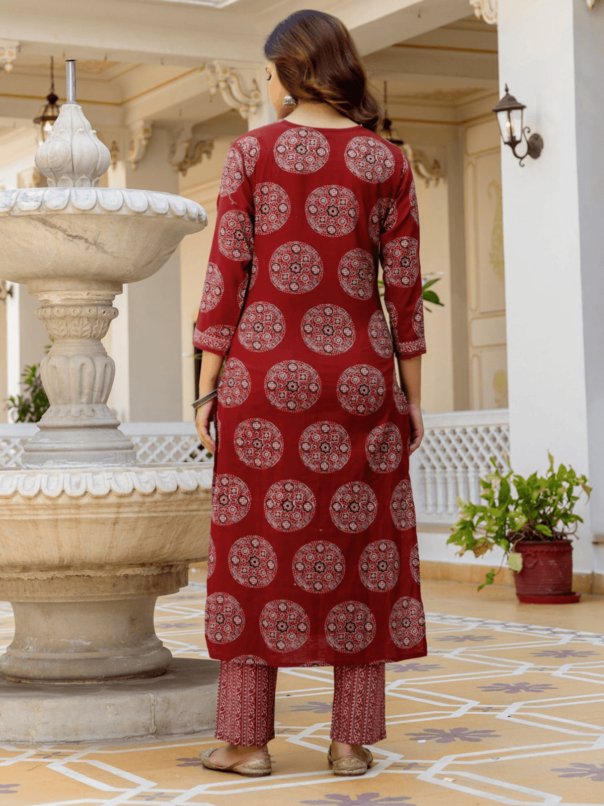 Three piece Kurtha set in red cotton with intricate prints, ideal for casual Indian Clothing Online Canada
