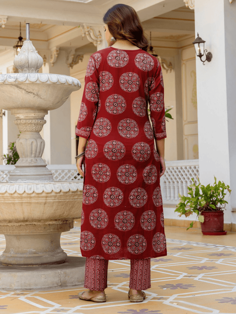Three piece Kurtha set in red cotton with intricate prints, ideal for casual Indian Clothing Online Canada