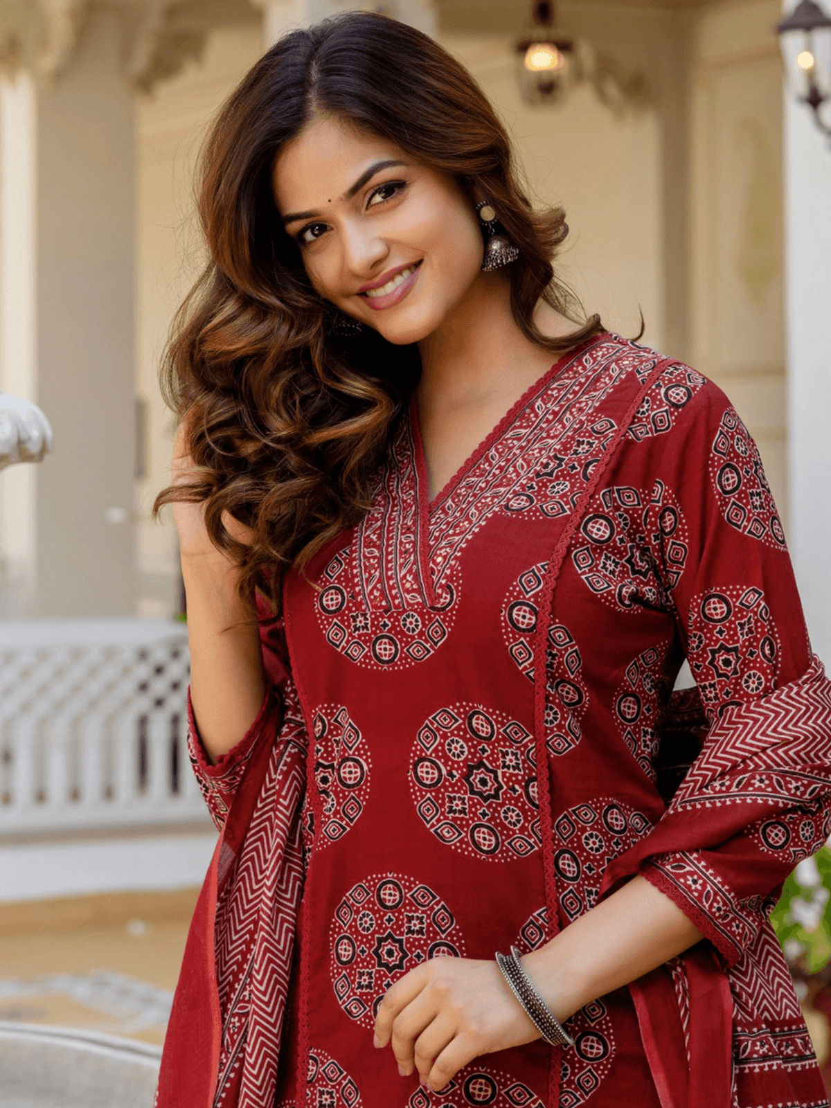 Three piece kurtha in rich maroon fabric with intricate print, perfect for Indian clothing online Canada shoppers