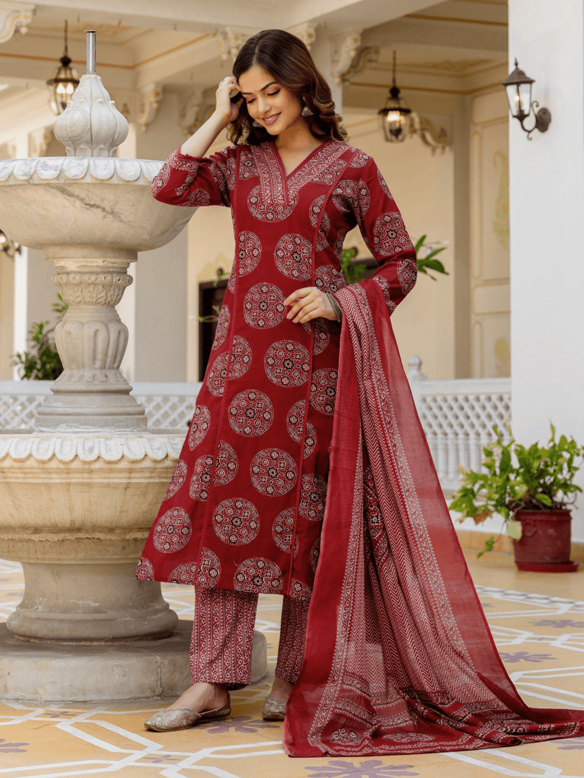 Aromie three piece Kurtha set in burgundy with intricate pattern, suitable for festive occasions, Indian Clothing Online Canada